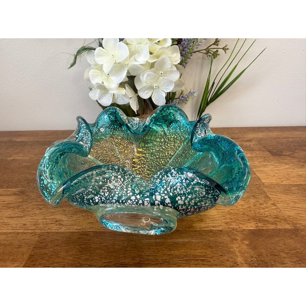 Vintage Aqua Blue Aventurine‎ Art Glass Ruffled Bowl Murano Style Dish MCM